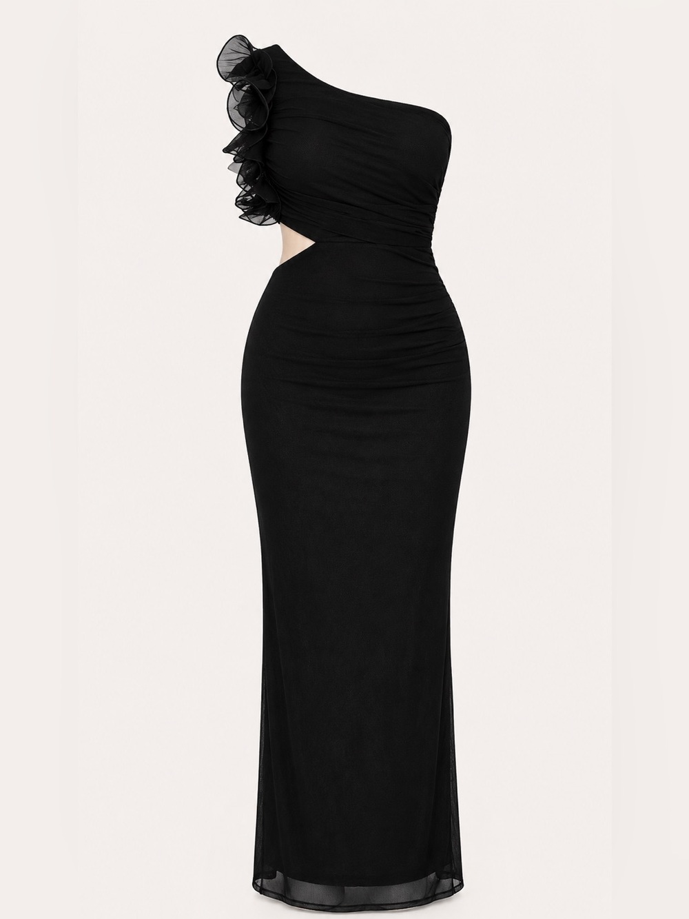 One-Shoulder Black Maxi Dress with Ruffle Accent